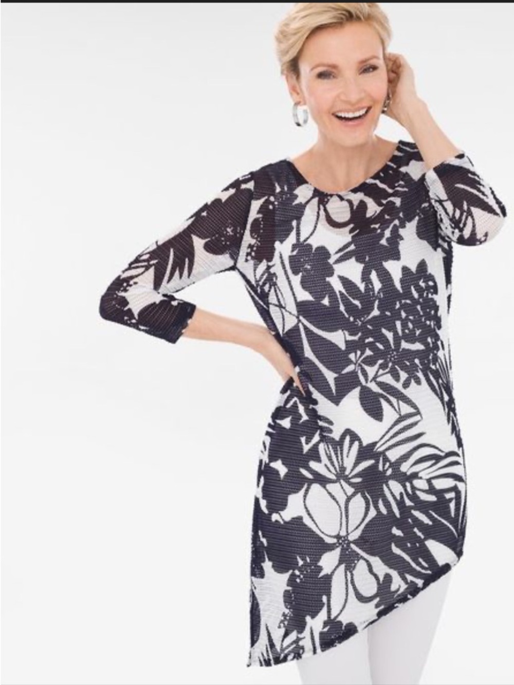 Chico's Black and White Floral Asymmetrical Tunic